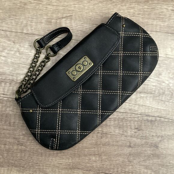 Vintage Y2K Fossil Quilted Leather Wristlet Clutch Black Bronze - Picture 1 of 13